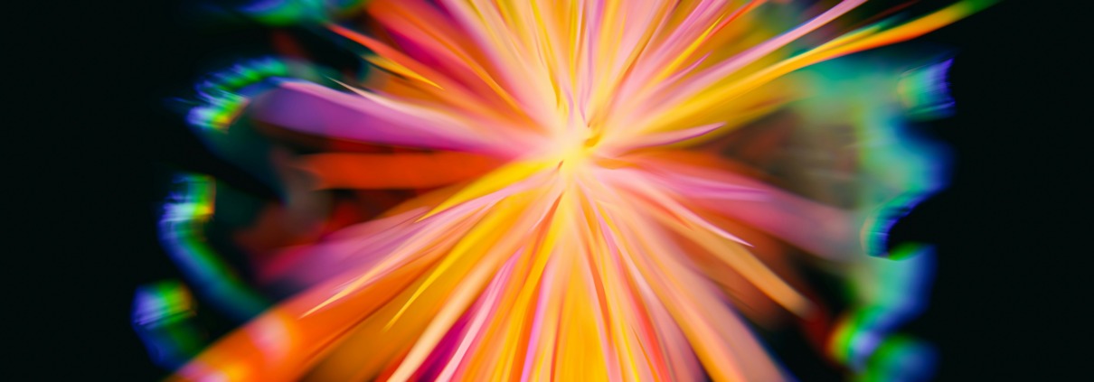 An abstract cinematic explosion of vibrant yellow, orange, and blue light rays, symbolizing a breakthrough into radiant spiritual joy and somatic healing.