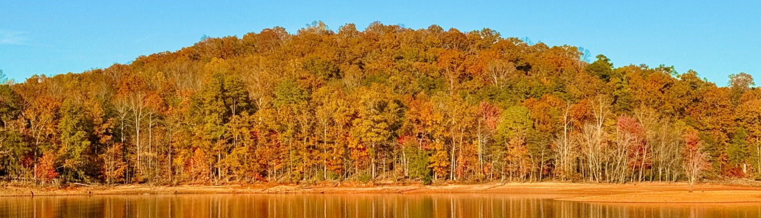 Golden autumn forest reflecting on Lake Chatuge during an HSP Retreat in Young Harris, GA.