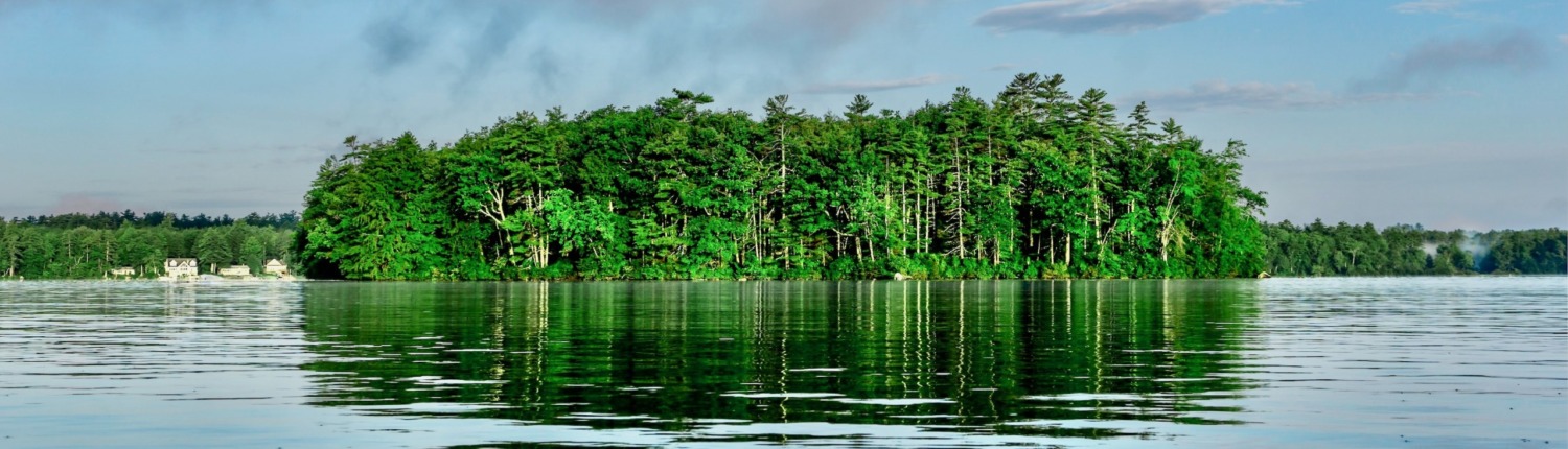 Lush green Lake Lanier island on calm water, from a past retreat before moving to the Blue Ridge Mountains.