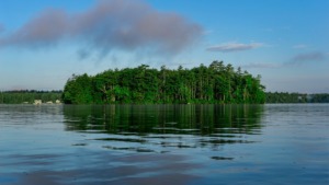 A serene, densely forested green island sitting in the calm, reflective blue waters of Lake Lanier under a bright blue sky with soft, low clouds.