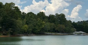 Calm, peaceful lake shoreline with green trees and bright white clouds during a healing mountain Highly Sensitive Person (HSP) Retreat session.